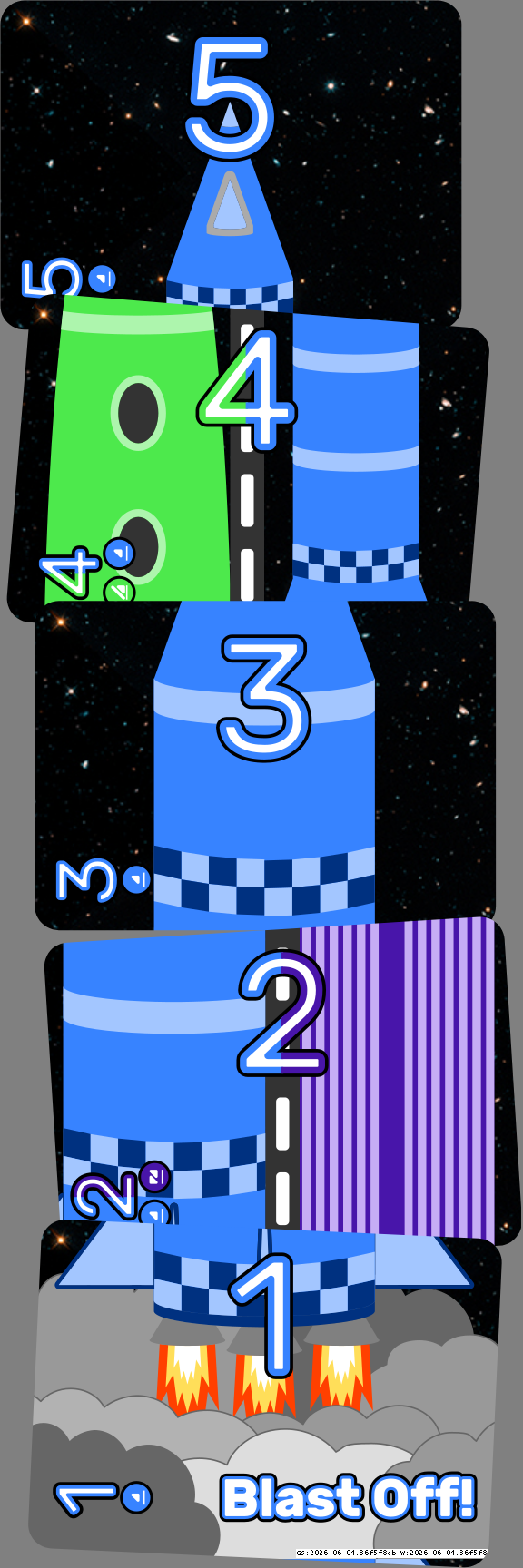 Example of a 5-card "Blast Off!" with a blue rocket